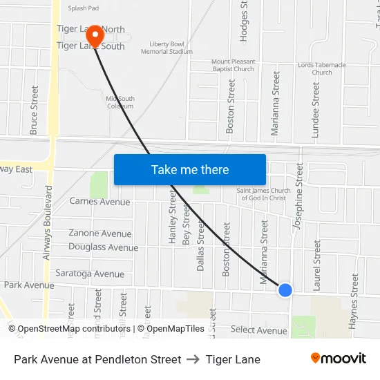 Park Avenue at Pendleton Street to Tiger Lane map