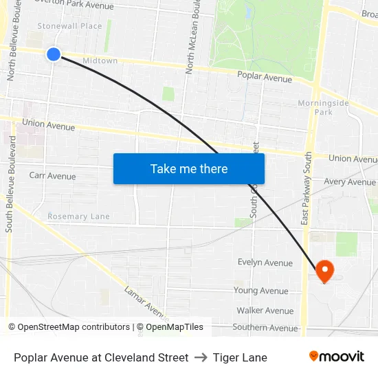 Poplar Avenue at Cleveland Street to Tiger Lane map