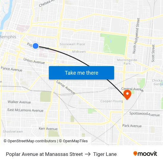 Poplar Avenue at Manassas Street to Tiger Lane map