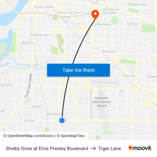 Shelby Drive at Elvis Presley Boulevard to Tiger Lane map
