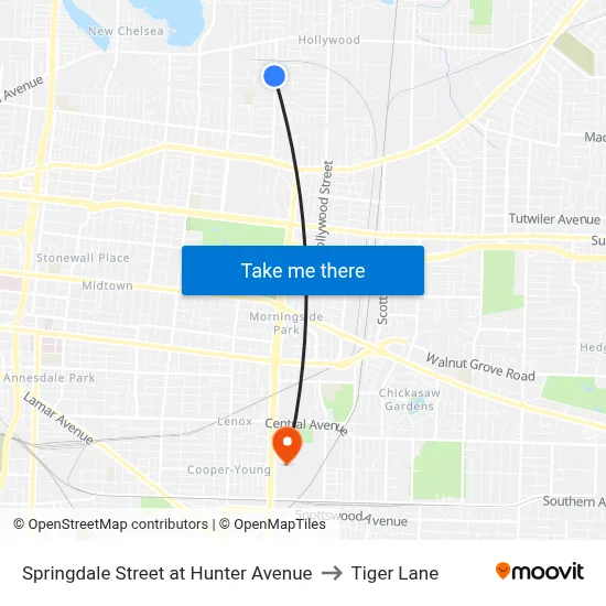 Springdale Street at Hunter Avenue to Tiger Lane map
