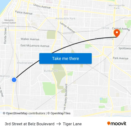 3rd Street at Belz Boulevard to Tiger Lane map