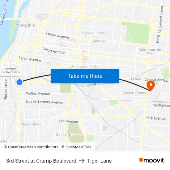 3rd Street at Crump Boulevard to Tiger Lane map
