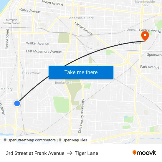 3rd Street at Frank Avenue to Tiger Lane map