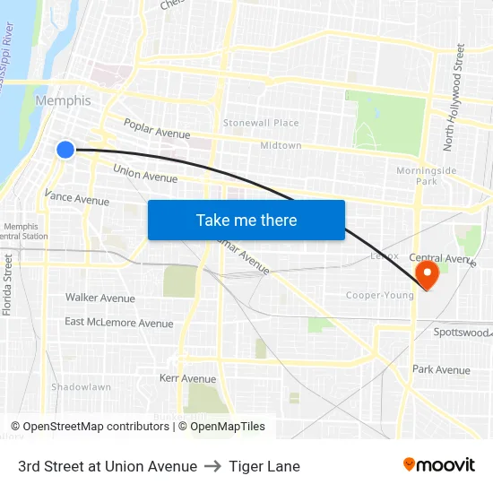 3rd Street at Union Avenue to Tiger Lane map