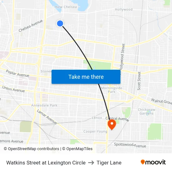Watkins Street at Lexington Circle to Tiger Lane map