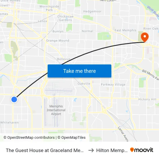 The Guest House at Graceland Memphis to Hilton Memphis map