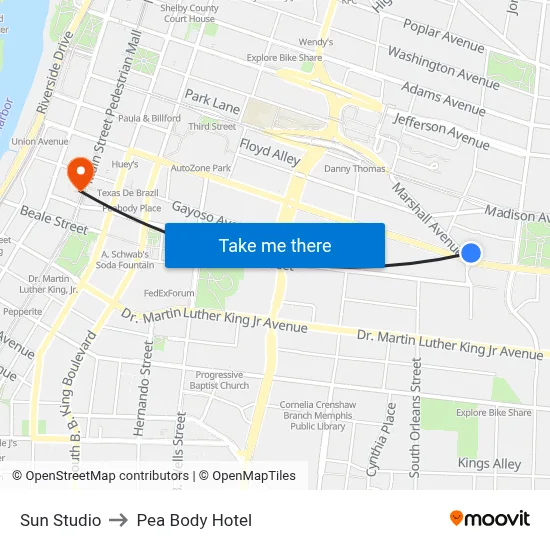 Sun Studio to Pea Body Hotel map