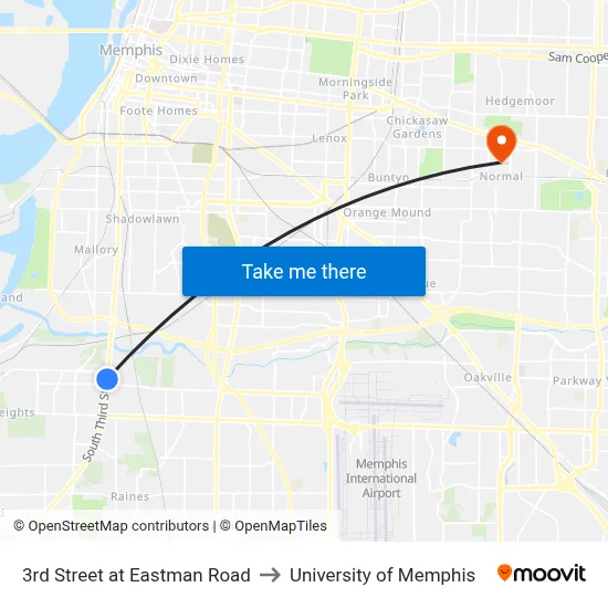 3rd Street at Eastman Road to University of Memphis map