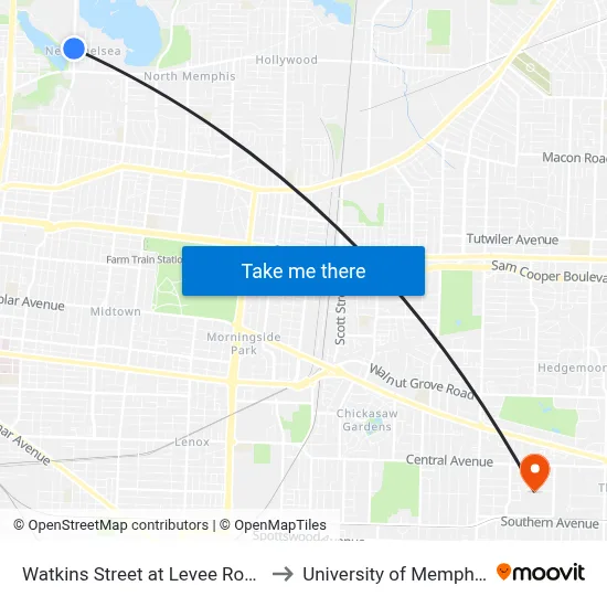 Watkins Street at Levee Road to University of Memphis map