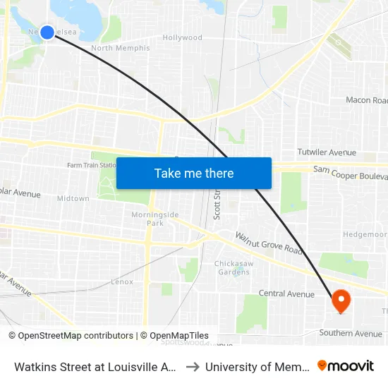 Watkins Street at Louisville Avenue to University of Memphis map
