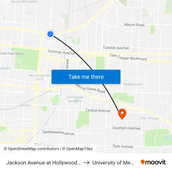 Jackson Avenue at Hollywood Street to University of Memphis map