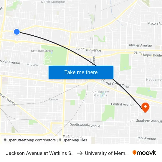 Jackson Avenue at Watkins Street to University of Memphis map