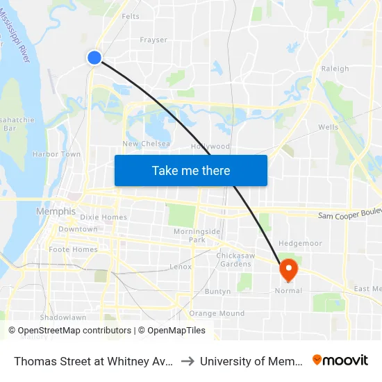 Thomas Street at Whitney Avenue to University of Memphis map