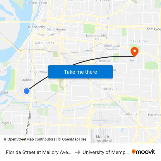 Florida Street at Mallory Avenue to University of Memphis map