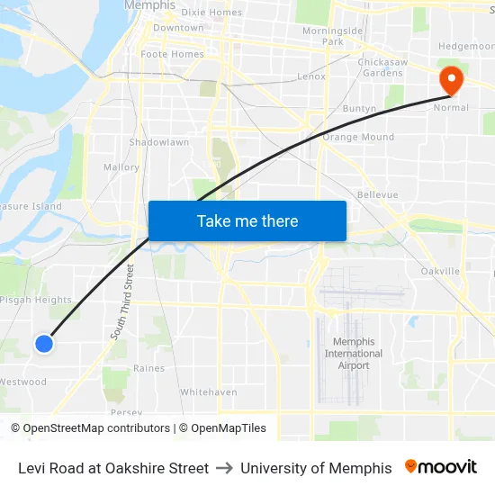 Levi Road at Oakshire Street to University of Memphis map