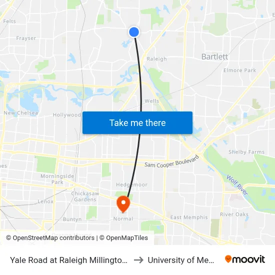 Yale Road at Raleigh Millington Road to University of Memphis map