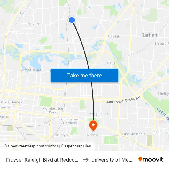 Frayser Raleigh Blvd at Redcoat Road to University of Memphis map