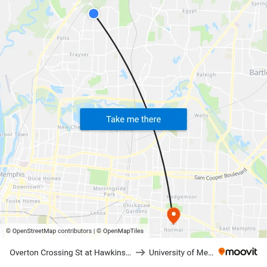 Overton Crossing St at Hawkins Mill Road to University of Memphis map