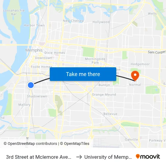 3rd Street at Mclemore Avenue to University of Memphis map