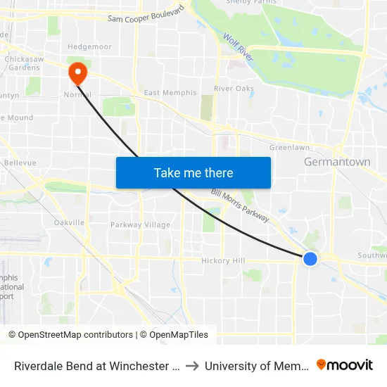 Riverdale Bend at Winchester Road to University of Memphis map
