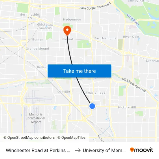Winchester Road at Perkins Road to University of Memphis map