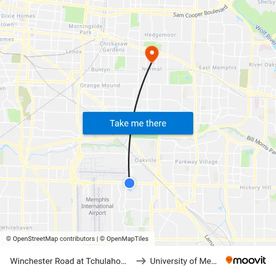 Winchester Road at Tchulahoma Road to University of Memphis map