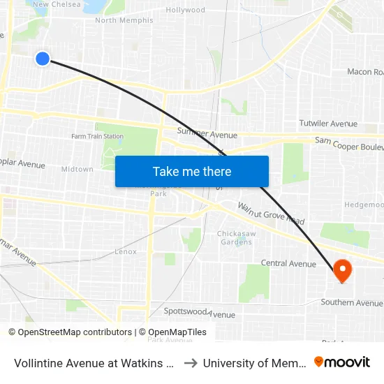 Vollintine Avenue at Watkins Street to University of Memphis map