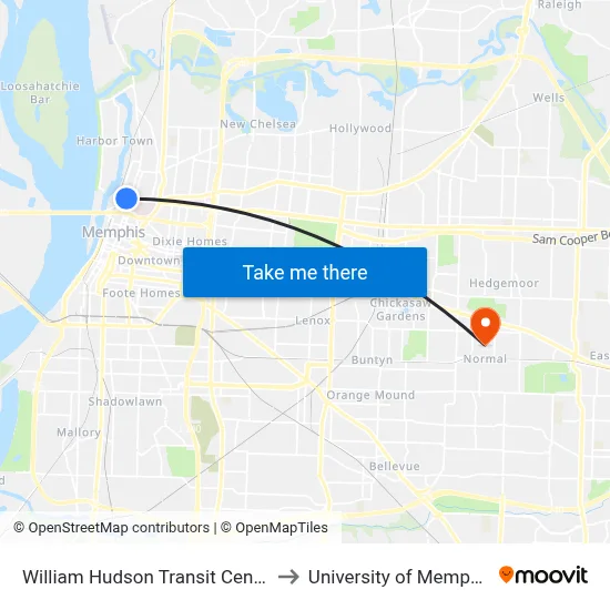 William Hudson Transit Center to University of Memphis map