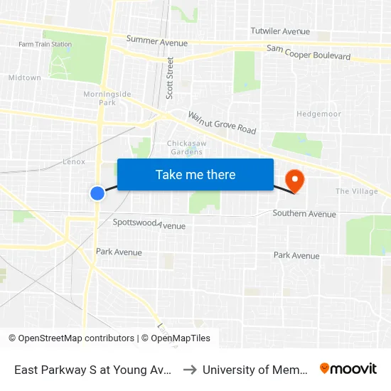 East Parkway S at Young Avenue to University of Memphis map