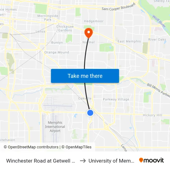 Winchester Road at Getwell Road to University of Memphis map