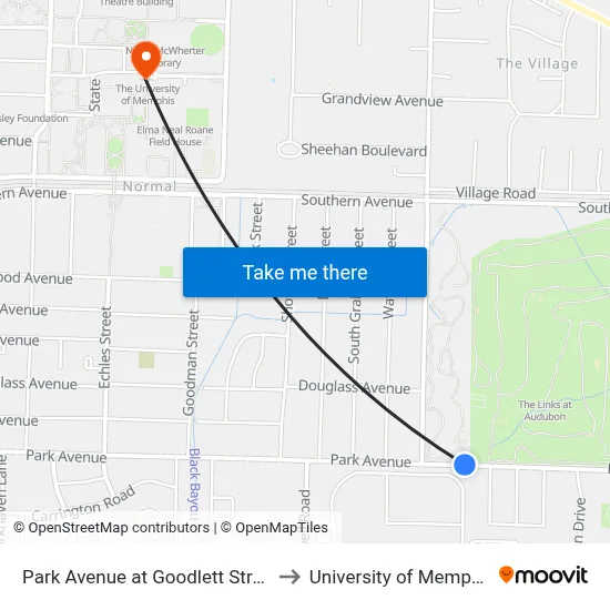 Park Avenue at Goodlett Street to University of Memphis map
