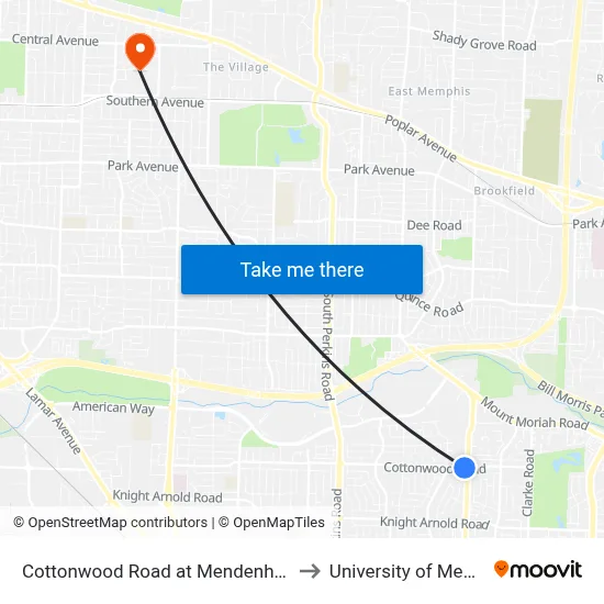 Cottonwood Road at Mendenhall Road to University of Memphis map