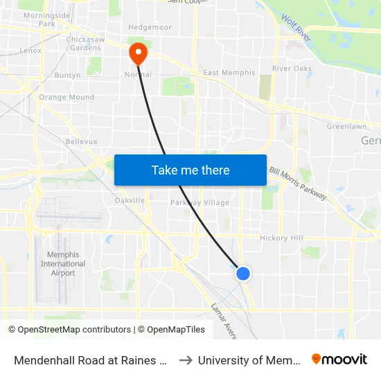 Mendenhall Road at Raines Road to University of Memphis map