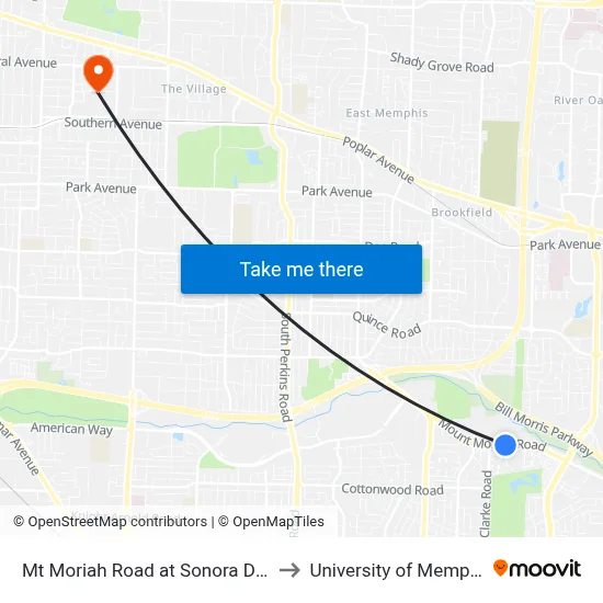 Mt Moriah Road at Sonora Drive to University of Memphis map