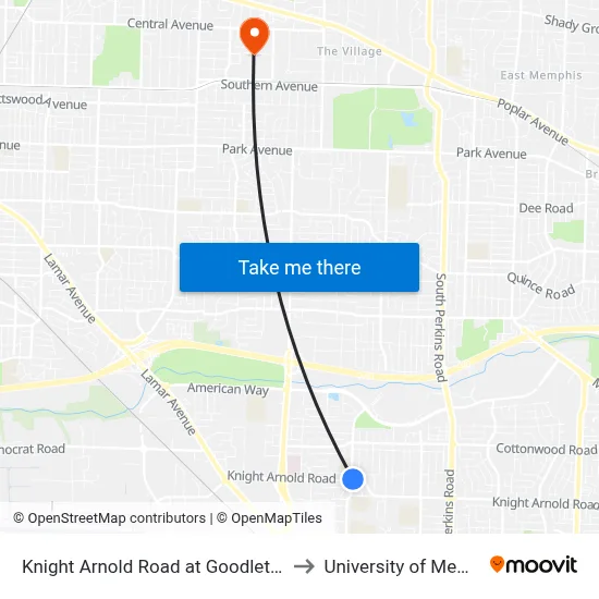 Knight Arnold Road at Goodlett Street to University of Memphis map