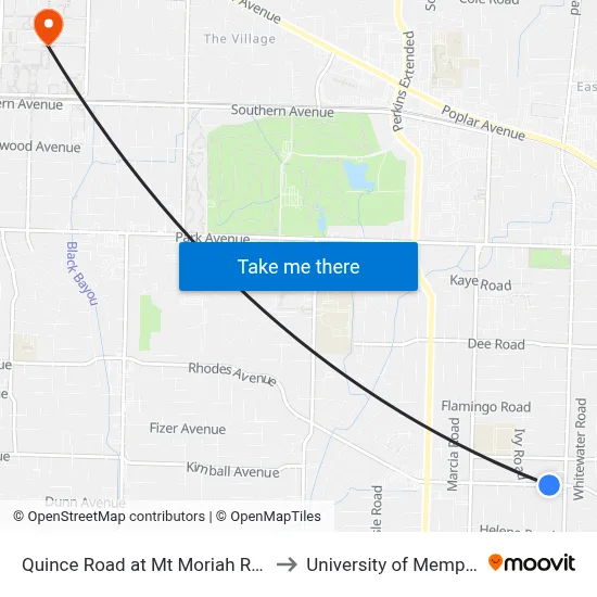 Quince Road at Mt Moriah Road to University of Memphis map