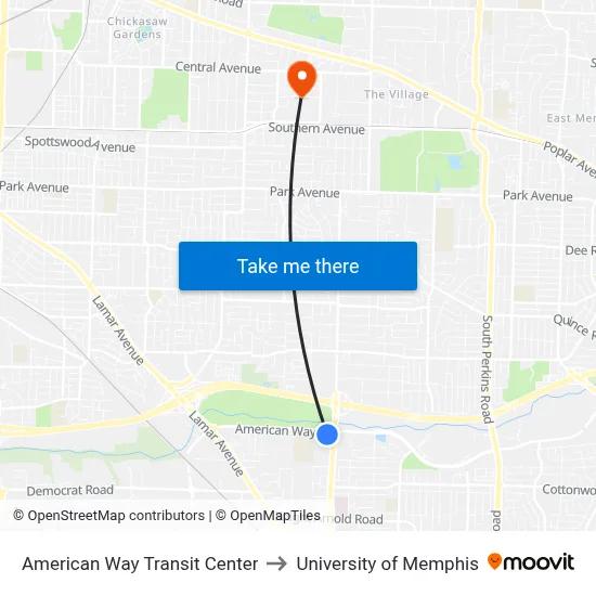 American Way Transit Center to University of Memphis map