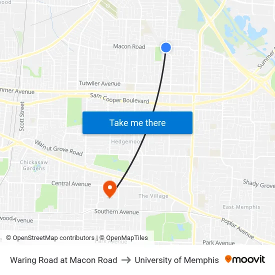 Waring Road at Macon Road to University of Memphis map