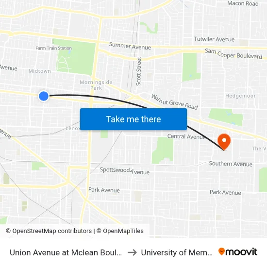 Union Avenue at Mclean Boulevard to University of Memphis map