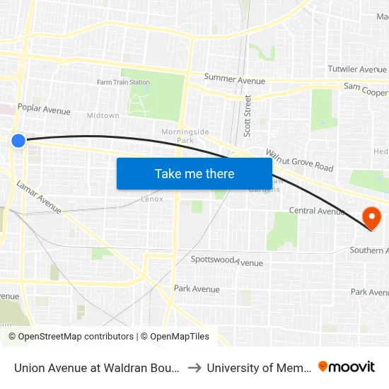 Union Avenue at Waldran Boulevard to University of Memphis map