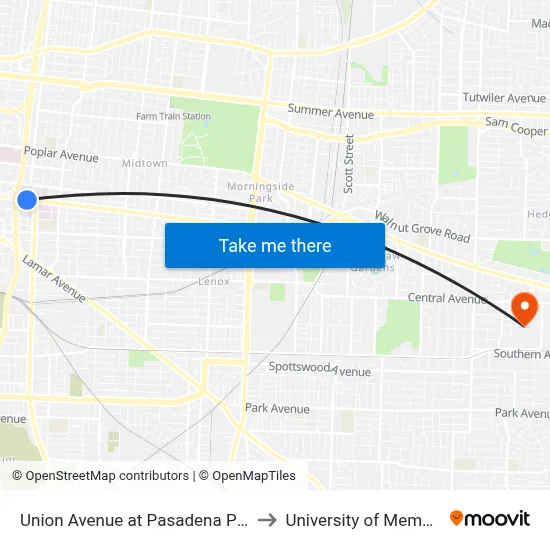 Union Avenue at Pasadena Place to University of Memphis map