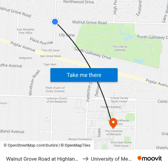 Walnut Grove Road at Highland Street to University of Memphis map