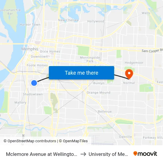 Mclemore Avenue at Wellington Street to University of Memphis map