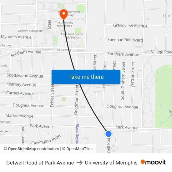 Getwell Road at Park Avenue to University of Memphis map