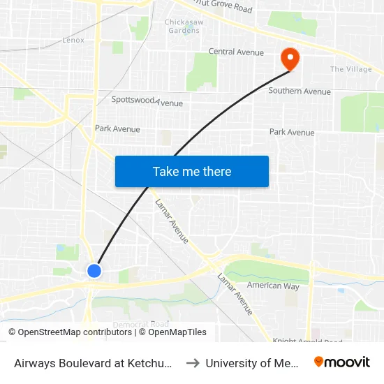 Airways Boulevard at Ketchum Road to University of Memphis map