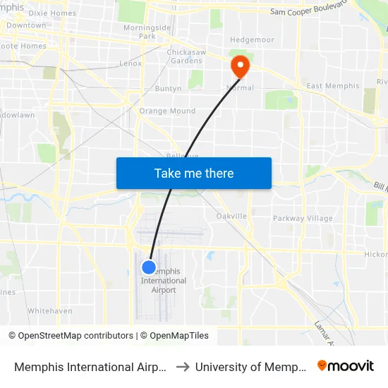 Memphis International Airport to University of Memphis map