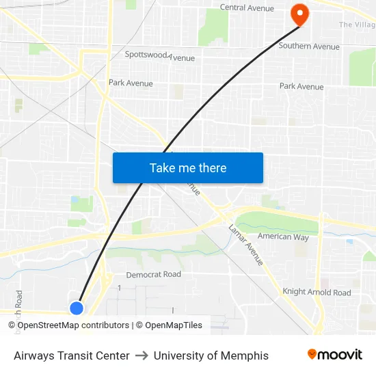 Airways Transit Center to University of Memphis map