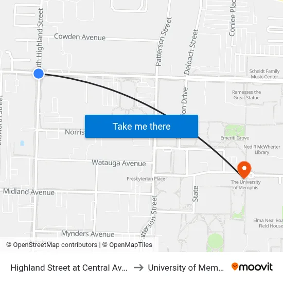 Highland Street at Central Avenue to University of Memphis map