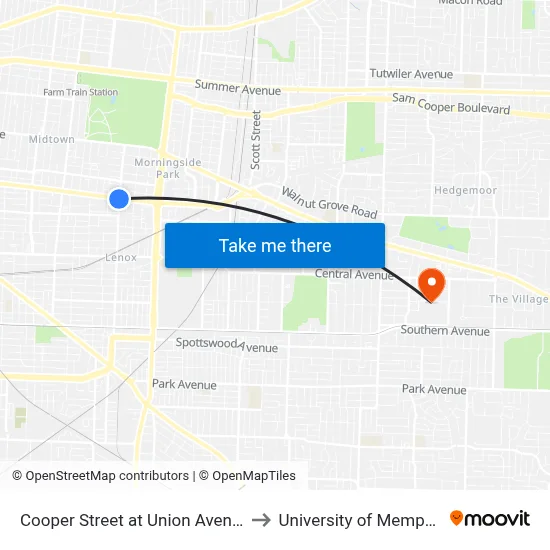 Cooper Street at Union Avenue to University of Memphis map